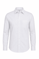 A long-sleeve button-up shirt in white with a pocket and a collar. It features a logo brand.