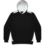 A black hoodie with a white interior and white accents on the sides. It features a front pocket and a logo.