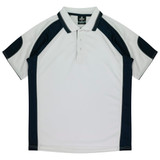 A polo shirt in white with navy blue accents and a logo on the collar.