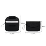 A black RFID blocking key pouch with dimensions displayed, featuring a zippered compartment and a key ring.