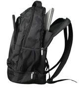 A black backpack featuring multiple zippered compartments and mesh pockets, with a laptop partially visible inside.
