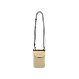A minimalist crossbody phone bag in beige with a patterned strap and a flap closure. It features a logo.
