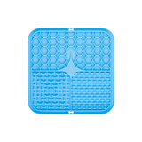 A blue, square dog enrichment lick mat divided into three textured sections. Features hexagonal, bone, and dot patterns.