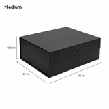 A medium-sized black gift box with a ribbon, featuring two drawers and dimensions of 26 cm by 32 cm by 10.5 cm.