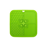 A green, four-section dog enrichment lick mat featuring various textured patterns, including bones and paw prints.