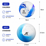 A children's soccer ball, size 3, with a white and blue design, featuring a logo. Diameter: 18cm.