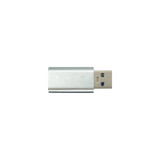 A USB data blocker in a silver casing, featuring a standard USB connector with two blue ports.