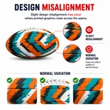 An AFL training ball in vibrant orange, blue, and white with a textured surface and seams. Features a logo.