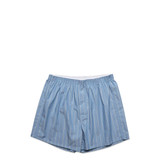 Blue striped dress shorts with an elastic waistband and a logo present on the waistband.