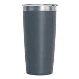 A drink bottle with a sleek dark grey design, featuring a metal lid and a logo on the side.