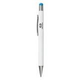 A white pen with a blue top and a silver clip, featuring a logo on the body.