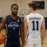 A basketball singlet displayed in navy and white colours, featuring a logo and player name on the back.