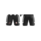 Black sports shorts featuring white stripes and a logo. Suitable for soccer or touch football.