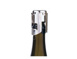 A drink bottle with a silver champagne resealer attached, featuring a sleek metallic design.
