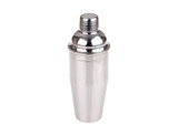 A drink bottle in a sleek silver finish, featuring a classic cocktail shaker design with a lid and logo.