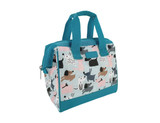 A teal insulated lunch bag featuring a playful dog print in various colours on a light background.