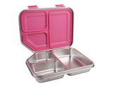 A bento lunch box with a metallic silver body and a pink lid, featuring three compartments inside.