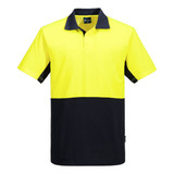 A Hi-Vis polo shirt featuring a bright yellow front and navy blue side panels, with a collar and branding.