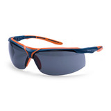 A pair of safety glasses featuring a dark lens with navy and orange frames and a logo on the side.
