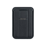A black PU magnetic card holder featuring a slim design with a built-in phone stand and a metallic clip.