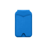 A blue PU magnetic card holder with a mirror, featuring a sleek design and a pocket for cards.