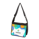 A black messenger bag with a colourful abstract design and a shoulder strap, featuring a logo on the front.