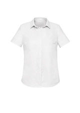 A short sleeve, button-up shirt in white with a collar. Features a logo on the side.
