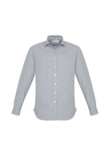 A long sleeve button-up shirt in a grey and white striped pattern, featuring a collar and buttons.