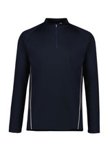 A unisex mid-layer top in navy blue with a quarter zip and white detailing, featuring a branding logo.