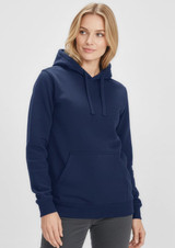 A women's navy crew hoodie featuring a front pocket and a logo. The model has blonde hair and a casual expression.