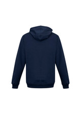 A navy men's crew zip hoodie with a hood and long sleeves, featuring a logo on the back.