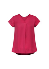 A women's blouse in a deep pink colour featuring a V-neck and pleat detail, with short sleeves and a loose fit.