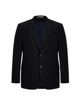 A black men's suit jacket featuring a two-button design and a classic blazer style with a logo.