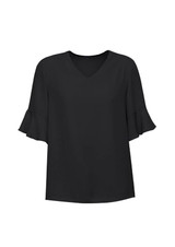 A black fluted sleeve blouse with a V-neck design. The blouse features stylish ruffled sleeves and has a logo.