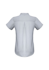 A women's button-up shirt in light grey with short sleeves and a pleat detail at the back. It features a logo.
