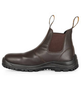 A brown safety boot with elastic sides and a rugged sole, featuring a logo on the side.