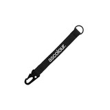 A black keychain tool with a clip and an attachment ring, featuring a branding logo. A black keychain tool with a clip and an attachment ring, featuring a branding logo.