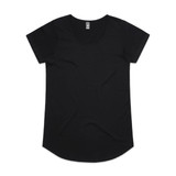 A black t-shirt with short sleeves and a rounded hem, featuring a label at the neckline.