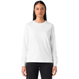 A long-sleeved white T-shirt with a crew neckline, featured on a model. The shirt includes a logo.