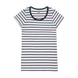 A striped tee in white and navy with short sleeves and a rounded neckline, featuring a logo on the label.