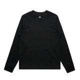 A black long-sleeve t-shirt with a round neckline and fitted cuffs. It features a logo on the front.