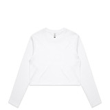 A white long-sleeve cropped tee with a simple design and a small logo.