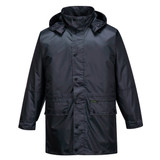 A black rain jacket featuring a hood and button-up front, with pockets and a logo.