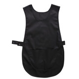 A black tabard with a pocket, designed for salon and spa uniforms. Features a simple, sleeveless design.