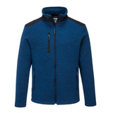 A blue polar fleece jacket featuring a zippered chest pocket, side pockets, and black detailing on the shoulders.