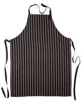 A black and white striped butcher's apron featuring a front pocket and adjustable ties.