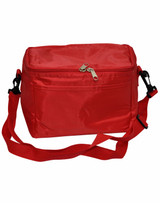 A red cooler bag with a zippered top and an adjustable strap, featuring a front pocket and a logo.