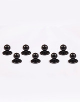 Eight black exchangeable buttons for chef wear displayed on a white background. Features round tops and flat bases.