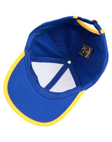 A blue and yellow cap featuring a logo, showcasing the interior lining and structure.