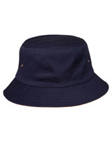A navy bucket hat with a wide brim and two side ventilation holes. The hat features a simple design and no visible branding.